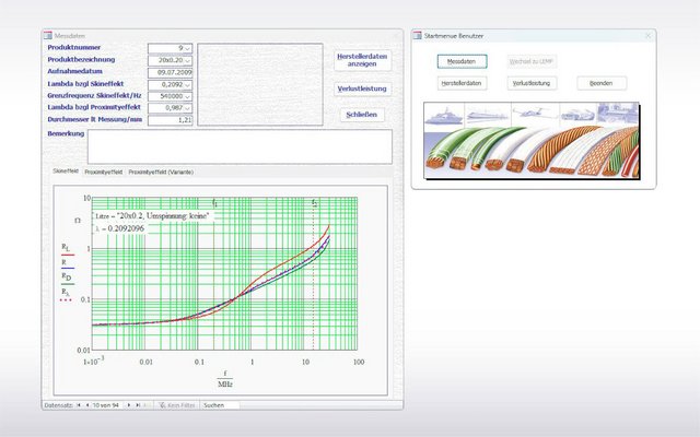Représentation d'un logiciel de recherche avec base de données de mesure pour les fils de Litz, incluant l'évaluation graphique de l'effet de peau et de proximité ainsi que les paramètres techniques du produit.